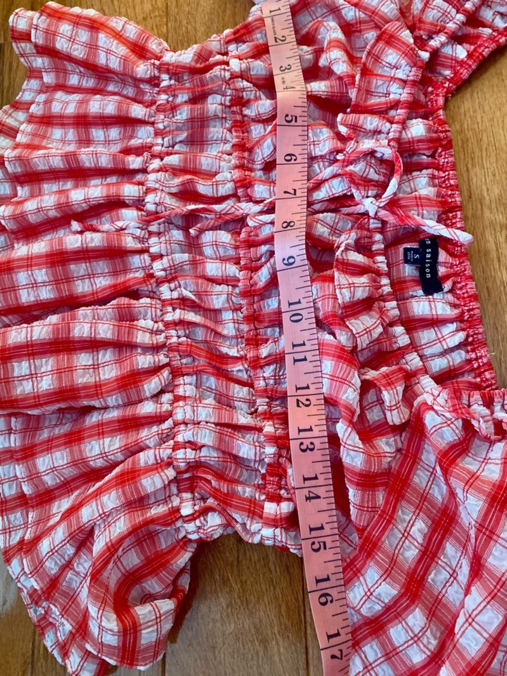 En Saison Red Plaid Smocked Milkmaid Top Puff Sleeve Peplum Cottagecore S - Picture 11 of 13